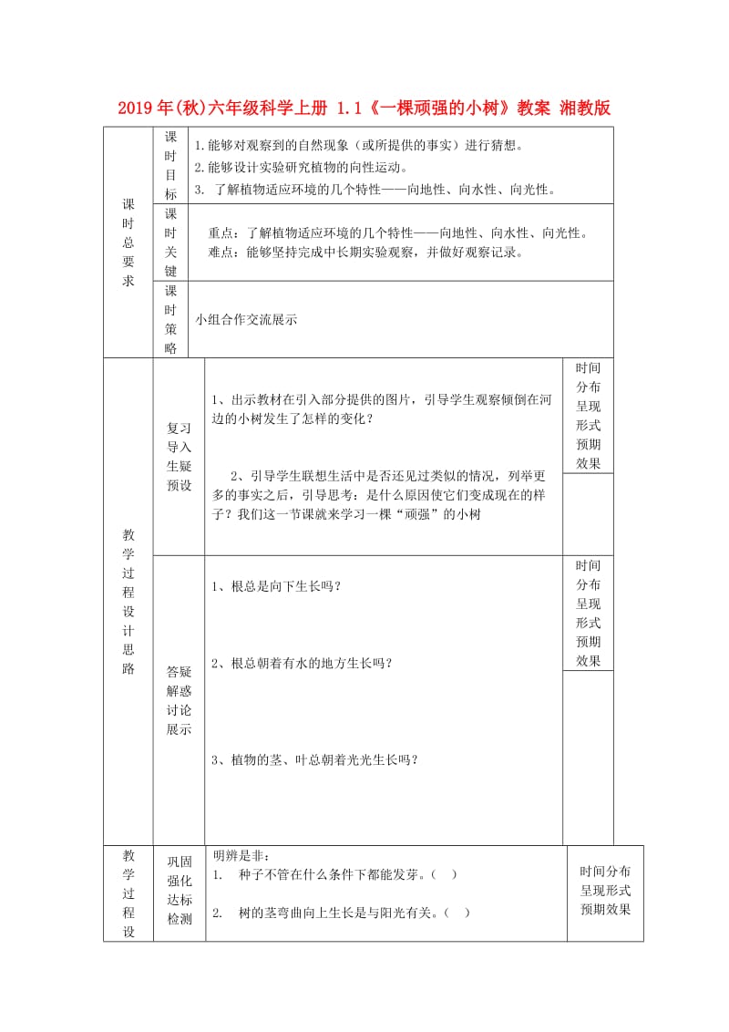 2019年(秋)六年级科学上册 1.1《一棵顽强的小树》教案 湘教版.doc_第1页