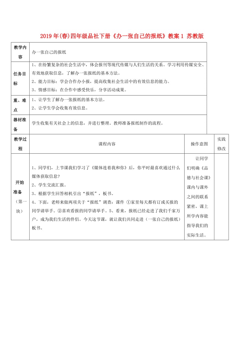 2019年(春)四年级品社下册《办一张自己的报纸》教案1 苏教版 .doc_第1页