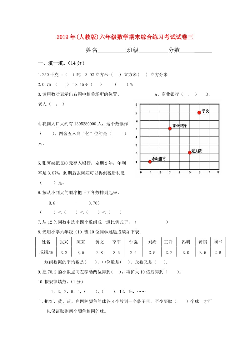 2019年(人教版)六年级数学期末综合练习考试试卷三.doc_第1页