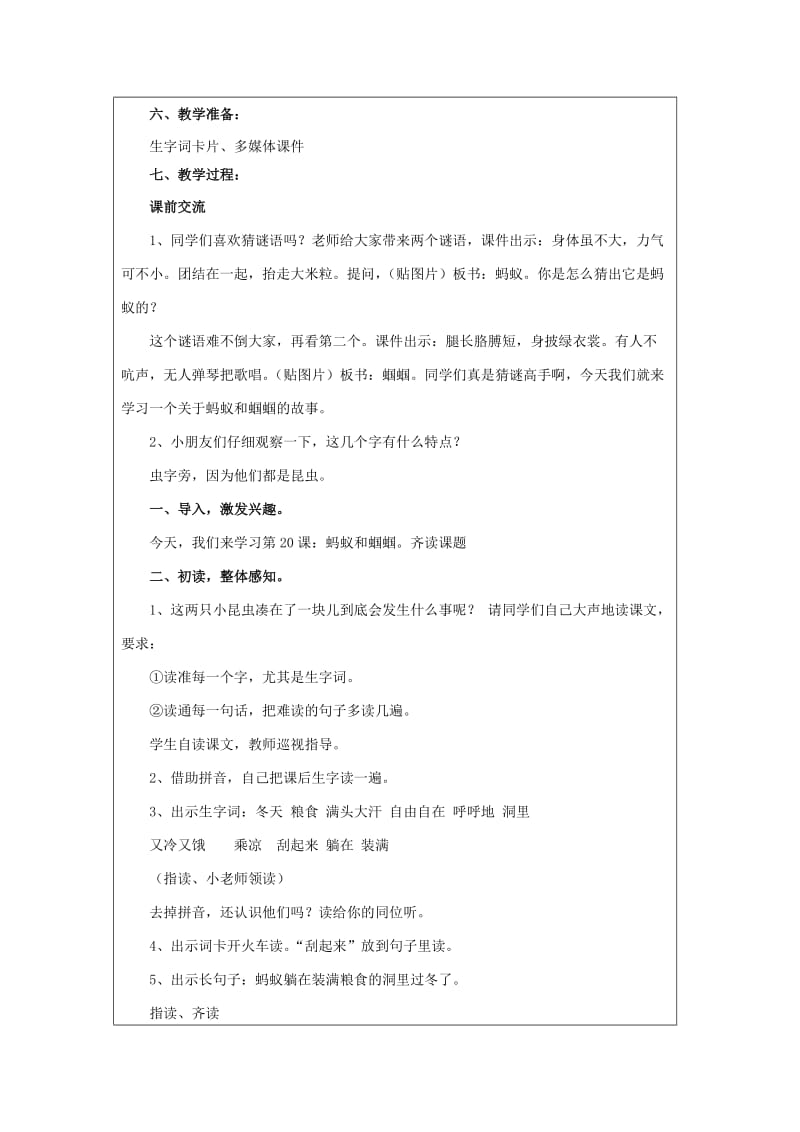 2019年一年级语文下册《蚂蚁和蝈蝈》教学设计 苏教版.doc_第2页