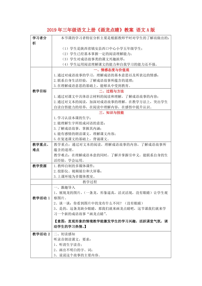 2019年三年级语文上册《画龙点睛》教案 语文A版 .doc_第1页