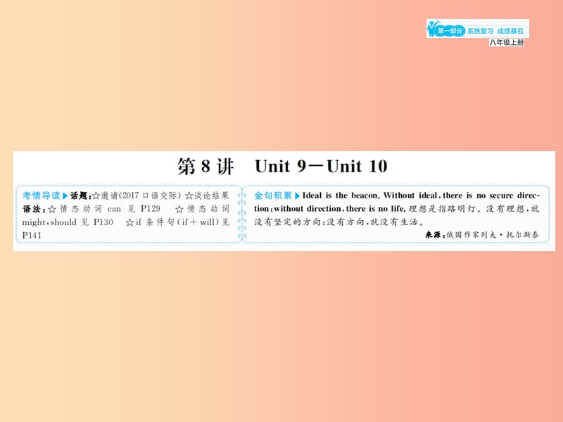 山东省2019年中考英语总复习 第一部分 系统复习 成绩基石 八上 第8讲 Unit 9-10课件.ppt_第1页