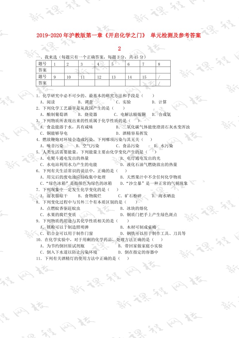 2019-2020年沪教版第一章《开启化学之门》 单元检测及参考答案2.doc_第1页