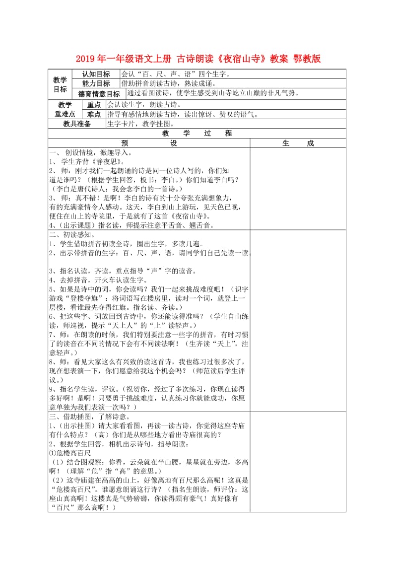 2019年一年级语文上册 古诗朗读《夜宿山寺》教案 鄂教版.doc_第1页