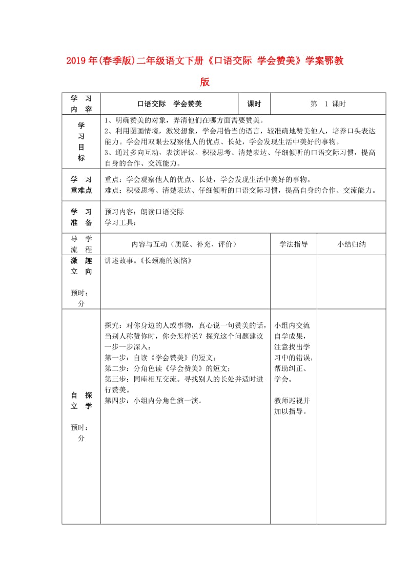 2019年(春季版)二年级语文下册《口语交际 学会赞美》学案鄂教版.doc_第1页