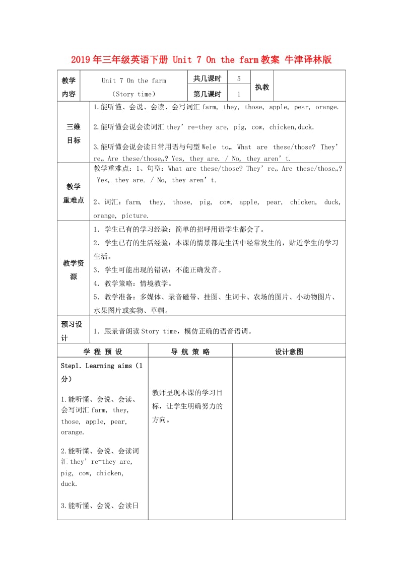 2019年三年级英语下册 Unit 7 On the farm教案 牛津译林版.doc_第1页