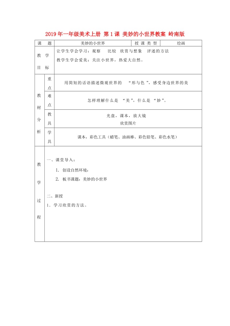 2019年一年级美术上册 第1课 美妙的小世界教案 岭南版.doc_第1页