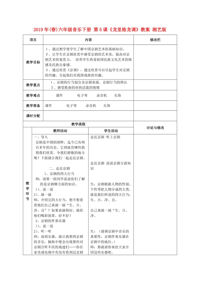 2019年(春)六年级音乐下册 第5课《龙里格龙调》教案 湘艺版.doc_第1页