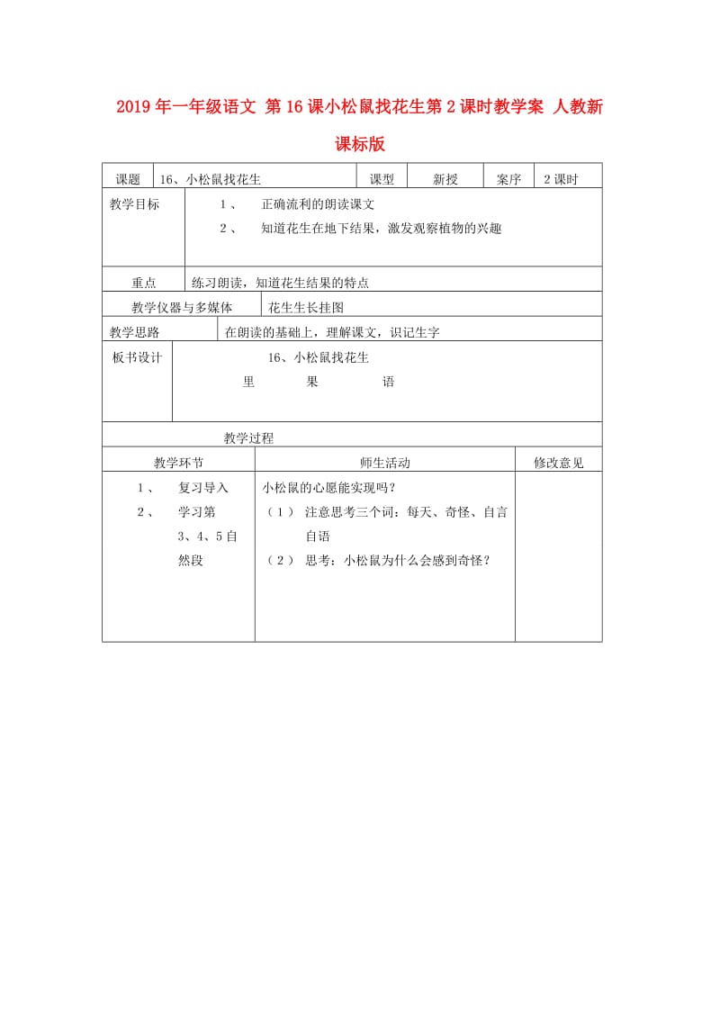 2019年一年级语文 第16课小松鼠找花生第2课时教学案 人教新课标版.doc_第1页