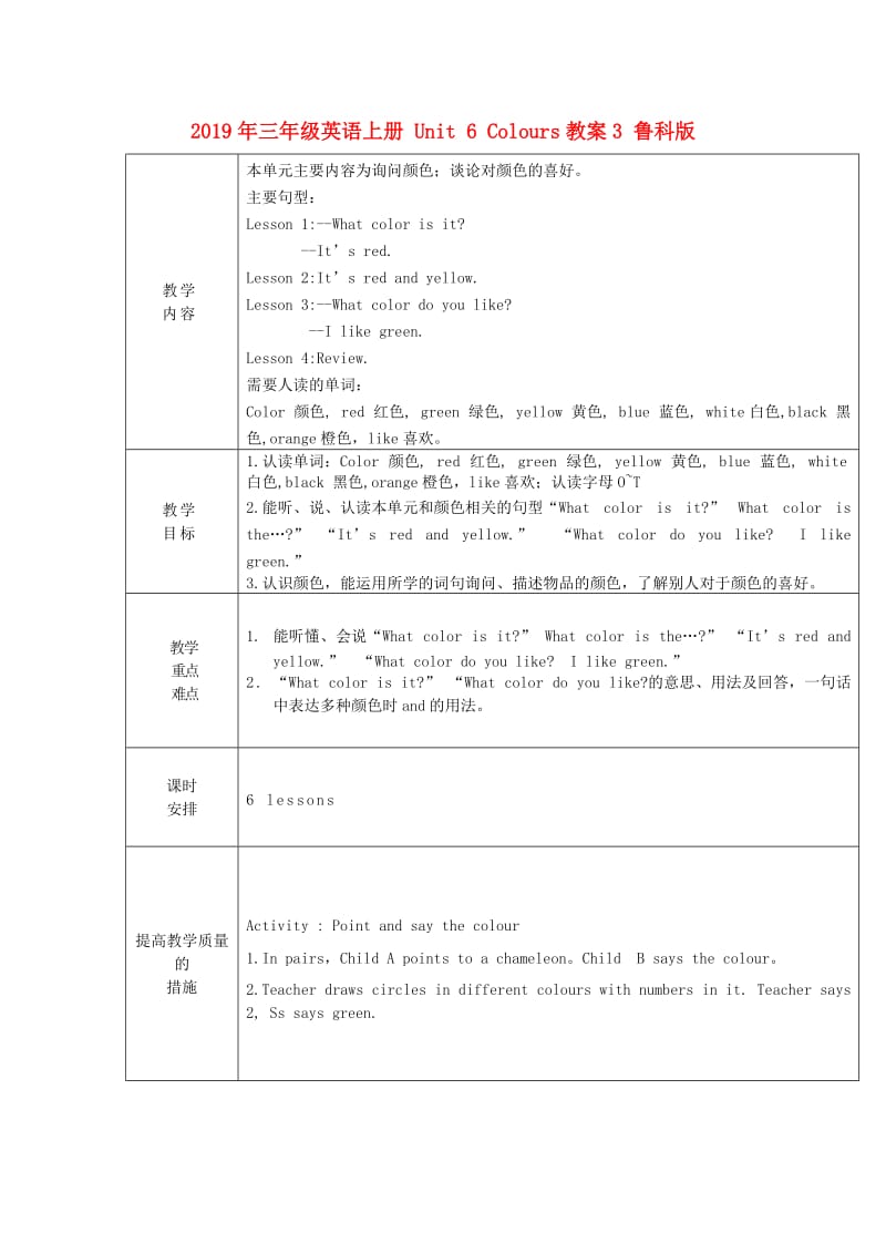 2019年三年级英语上册 Unit 6 Colours教案3 鲁科版.doc_第1页