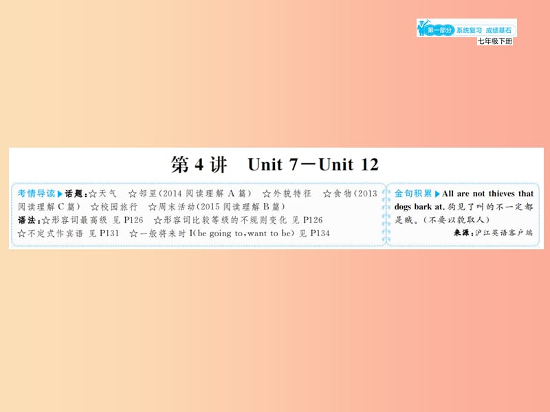 山东省2019年中考英语总复习 第一部分 系统复习 成绩基石 七下 第4讲 Unit 7-12课件.ppt_第1页