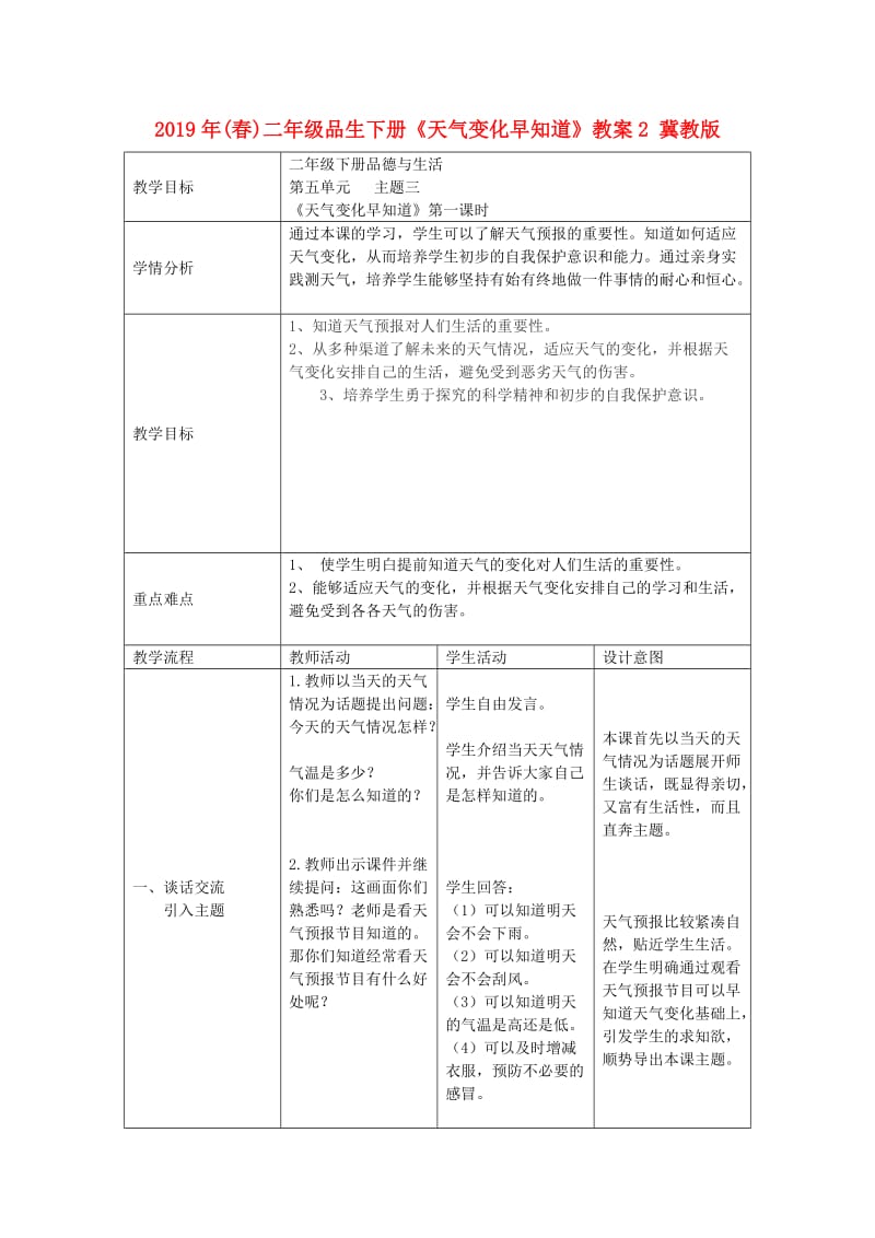 2019年(春)二年级品生下册《天气变化早知道》教案2 冀教版.doc_第1页