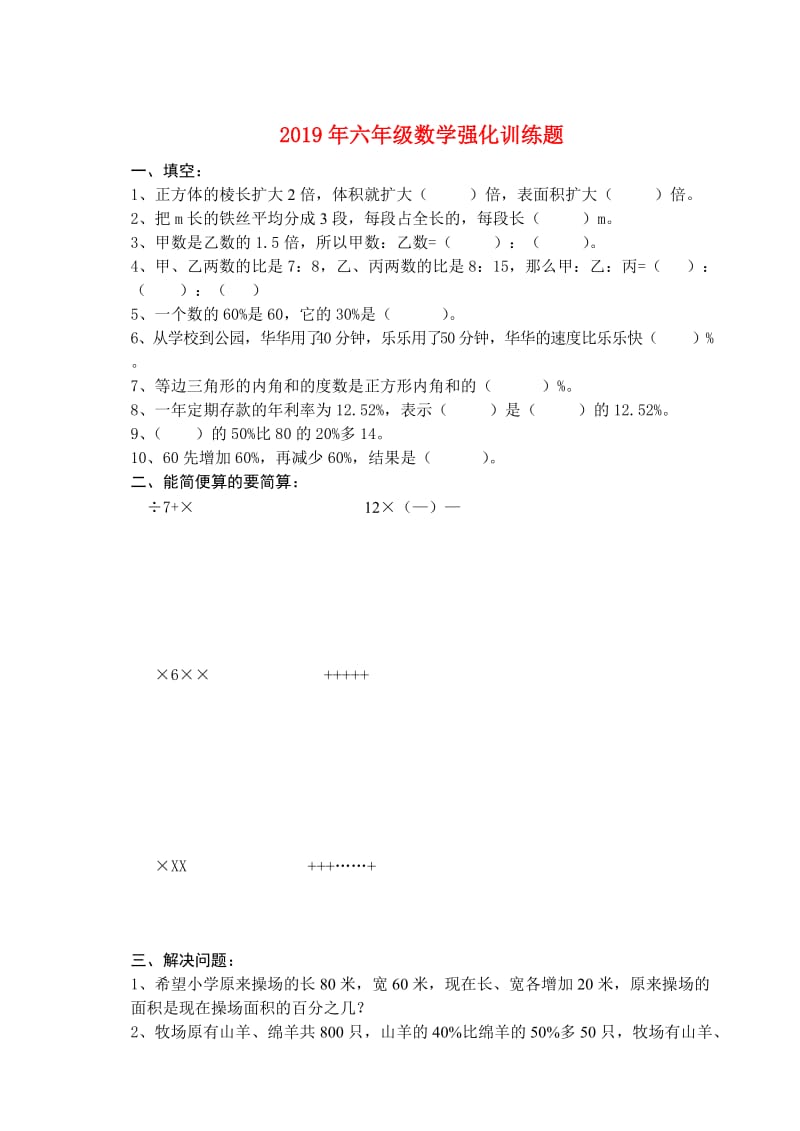 2019年六年级数学强化训练题.doc_第1页