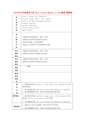 2019年六年級英語下冊 Unit 2 Good Health to You教案 冀教版.doc