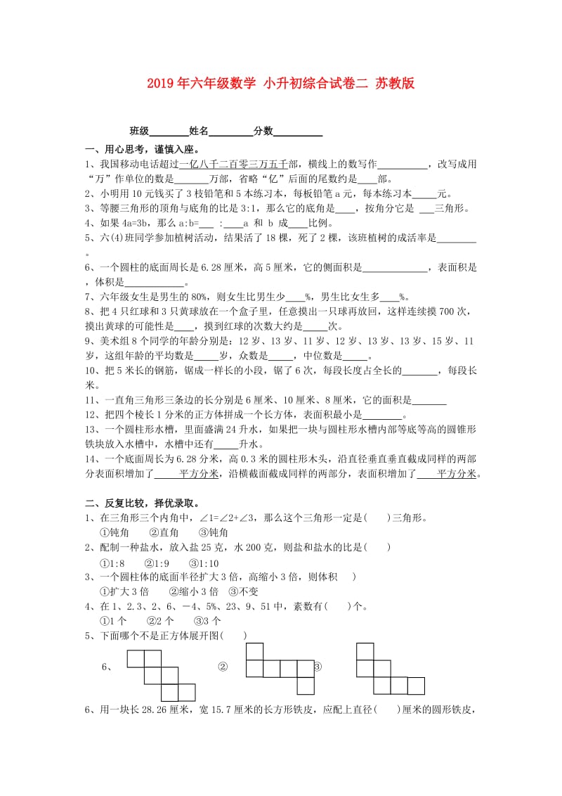 2019年六年级数学 小升初综合试卷二 苏教版.doc_第1页