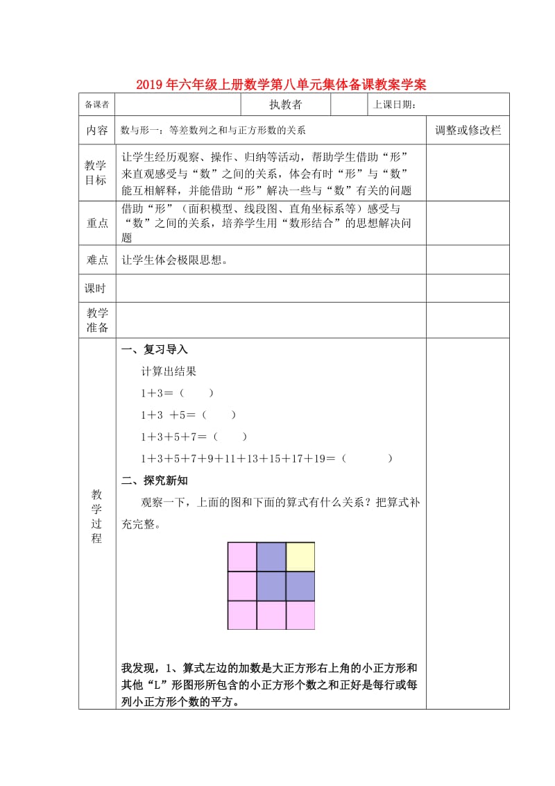 2019年六年级上册数学第八单元集体备课教案学案.doc_第1页