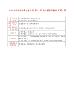 2019年五年級信息技術(shù)上冊 第12課 統(tǒng)計新助手教案 遼師大版.doc