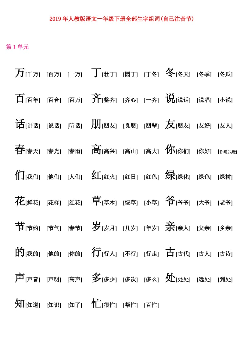 2019年人教版语文一年级下册全部生字组词(自己注音节).doc_第1页