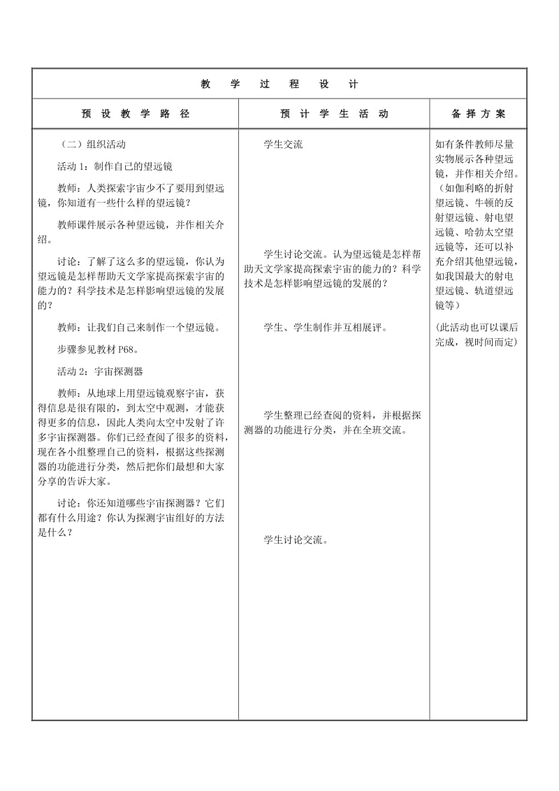 2019年六年级科学下册《探索宇宙》表格式教案 青岛版.doc_第2页