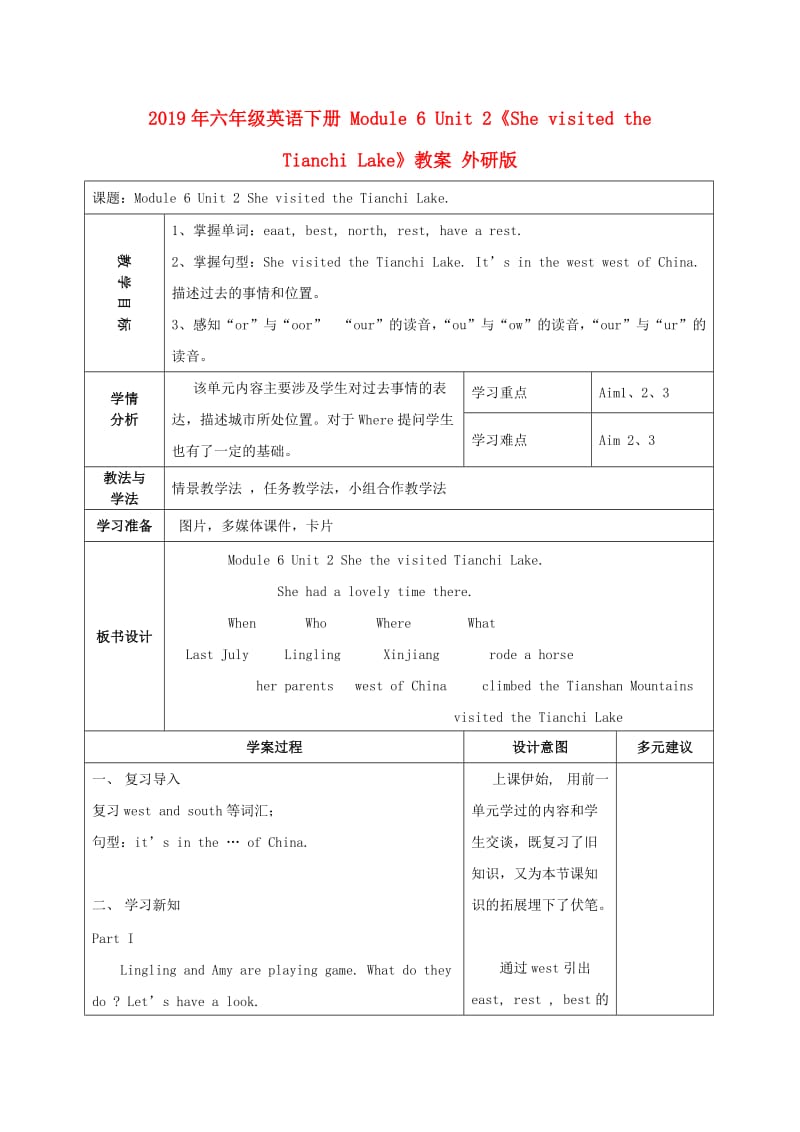 2019年六年级英语下册 Module 6 Unit 2《She visited the Tianchi Lake》教案 外研版.doc_第1页