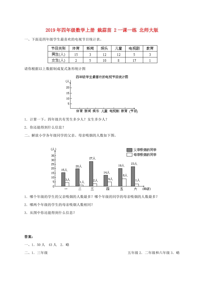 2019年四年级数学上册 栽蒜苗 2一课一练 北师大版.doc_第1页