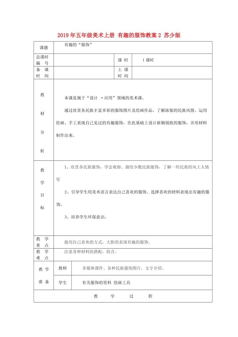 2019年五年级美术上册 有趣的服饰教案2 苏少版.doc_第1页