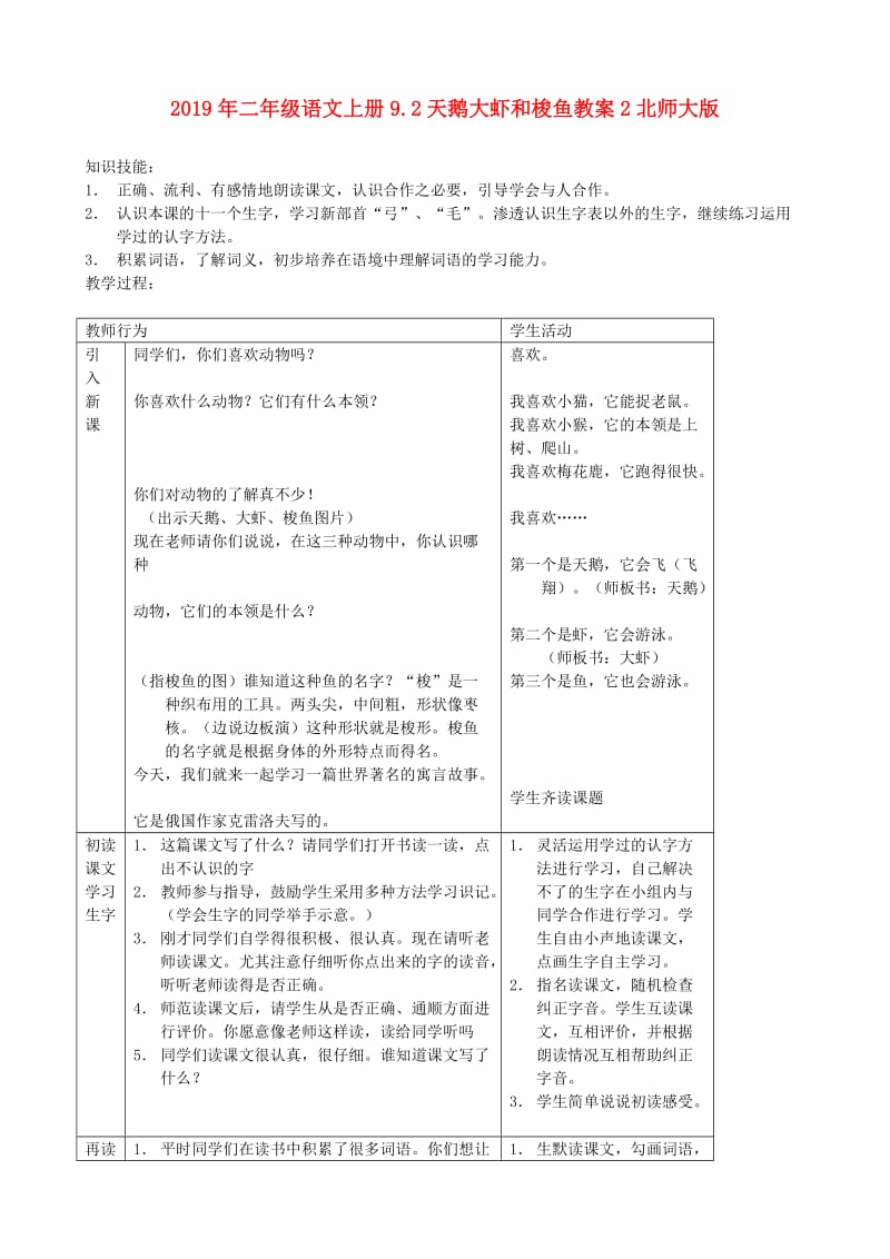 2019年二年级语文上册9.2天鹅大虾和梭鱼教案2北师大版.doc_第1页