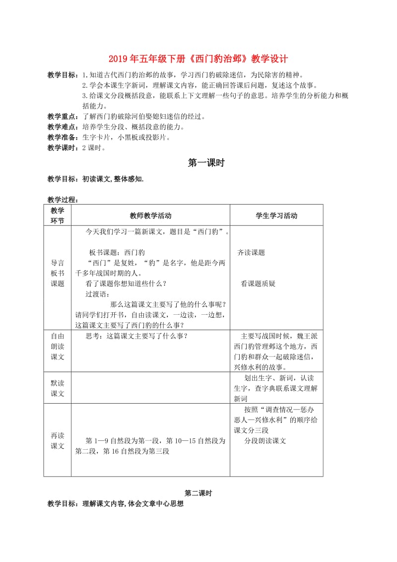 2019年五年级下册《西门豹治邺》教学设计.doc_第1页