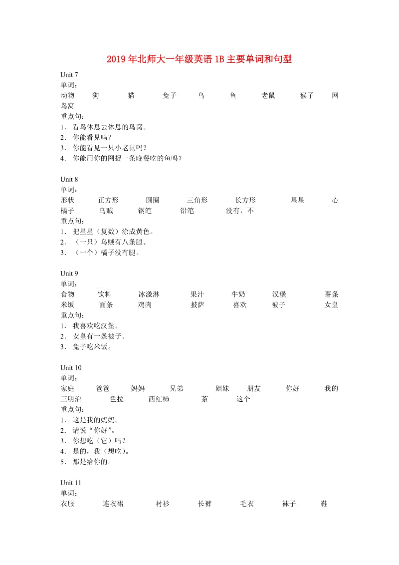 2019年北师大一年级英语1B主要单词和句型.doc_第1页