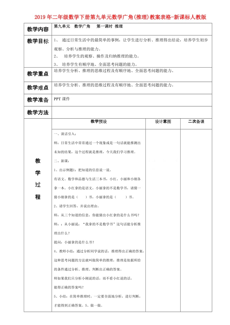 2019年二年级数学下册第九单元数学广角(推理)教案表格-新课标人教版.doc_第1页