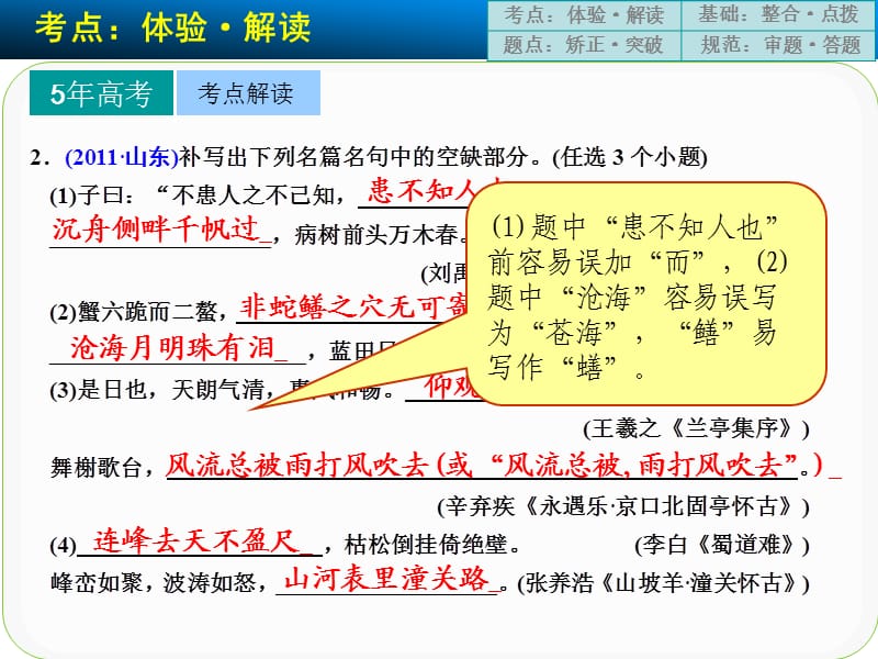 2014届高三语文一轮复习课件：古代诗文阅读第三章名句名篇的识记与默写.ppt_第3页