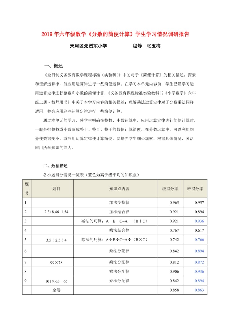 2019年六年级数学《分数的简便计算》学生学习情况调研报告.doc_第1页