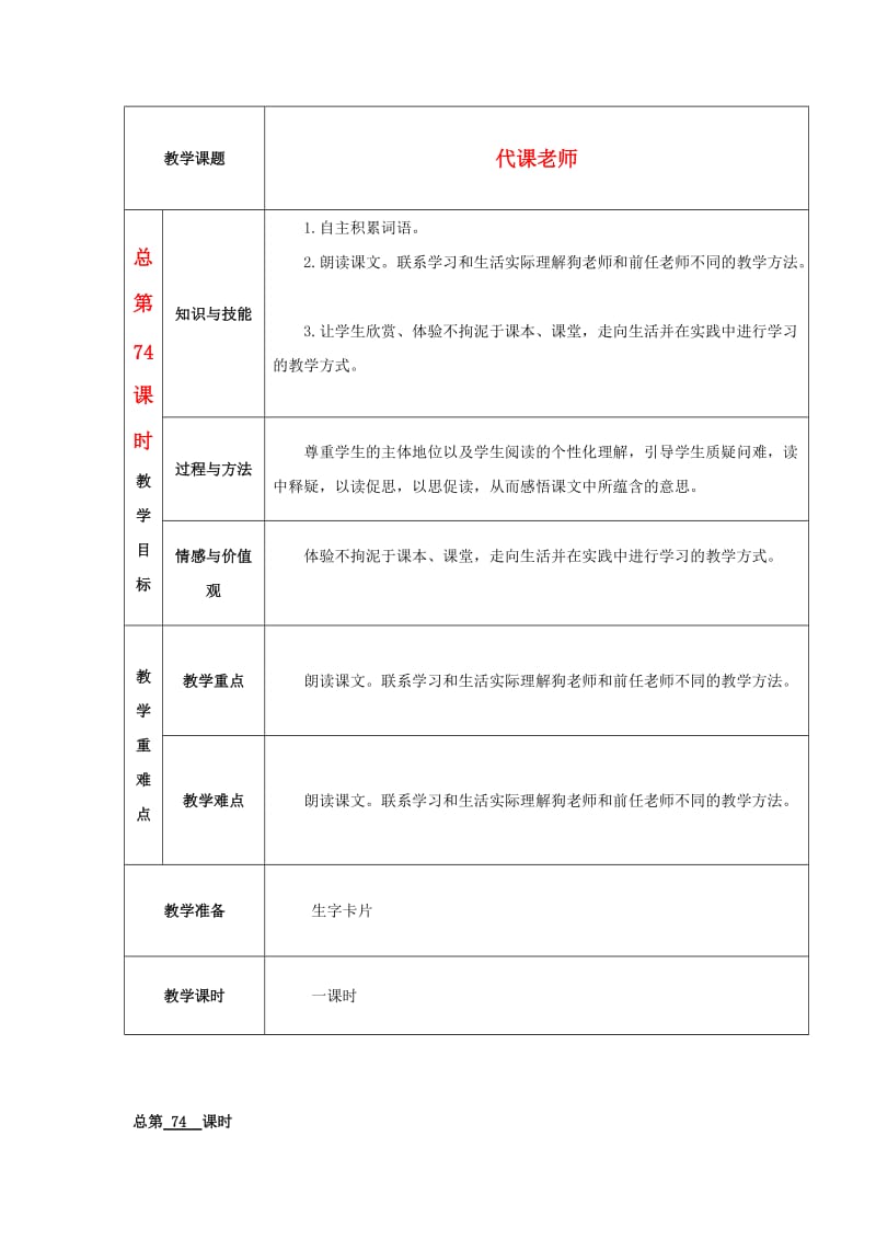 2019年五年级语文上册《代课老师》教案 语文A版.doc_第1页