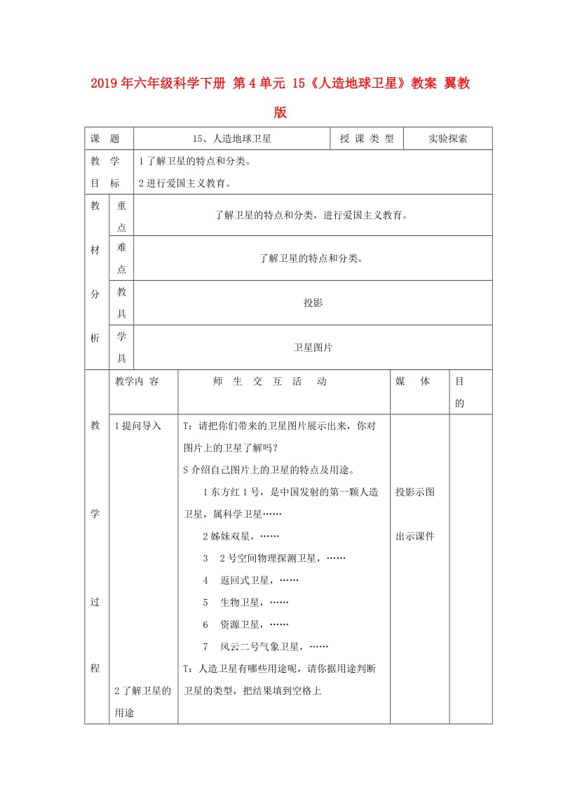 2019年六年级科学下册 第4单元 15《人造地球卫星》教案 翼教版.doc_第1页