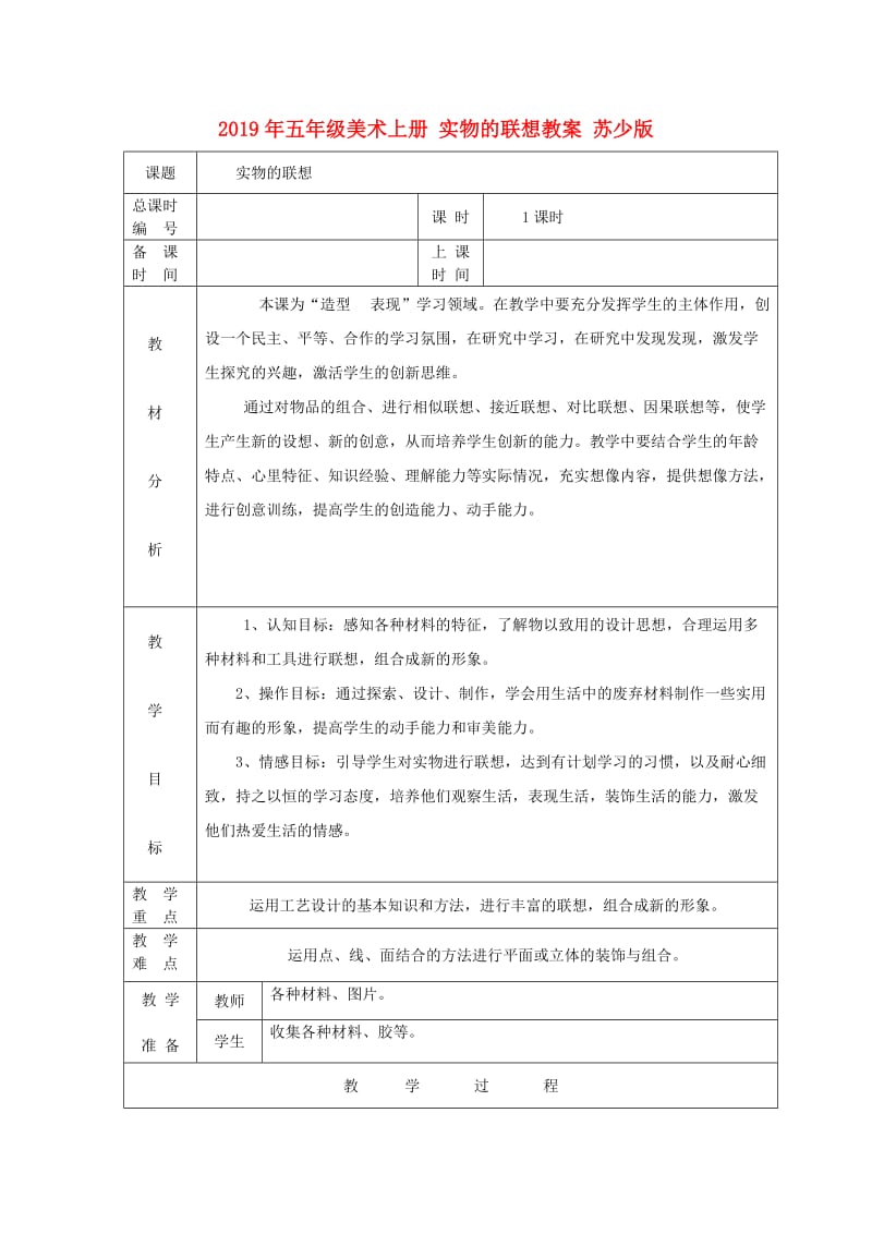 2019年五年级美术上册 实物的联想教案 苏少版.doc_第1页