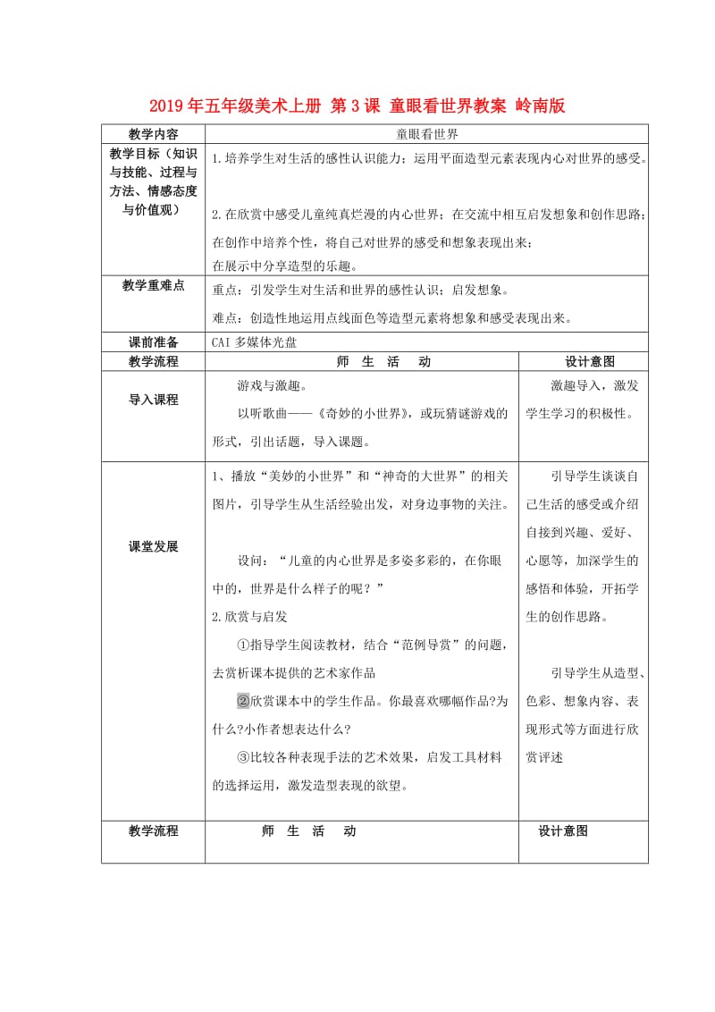 2019年五年级美术上册 第3课 童眼看世界教案 岭南版.doc_第1页