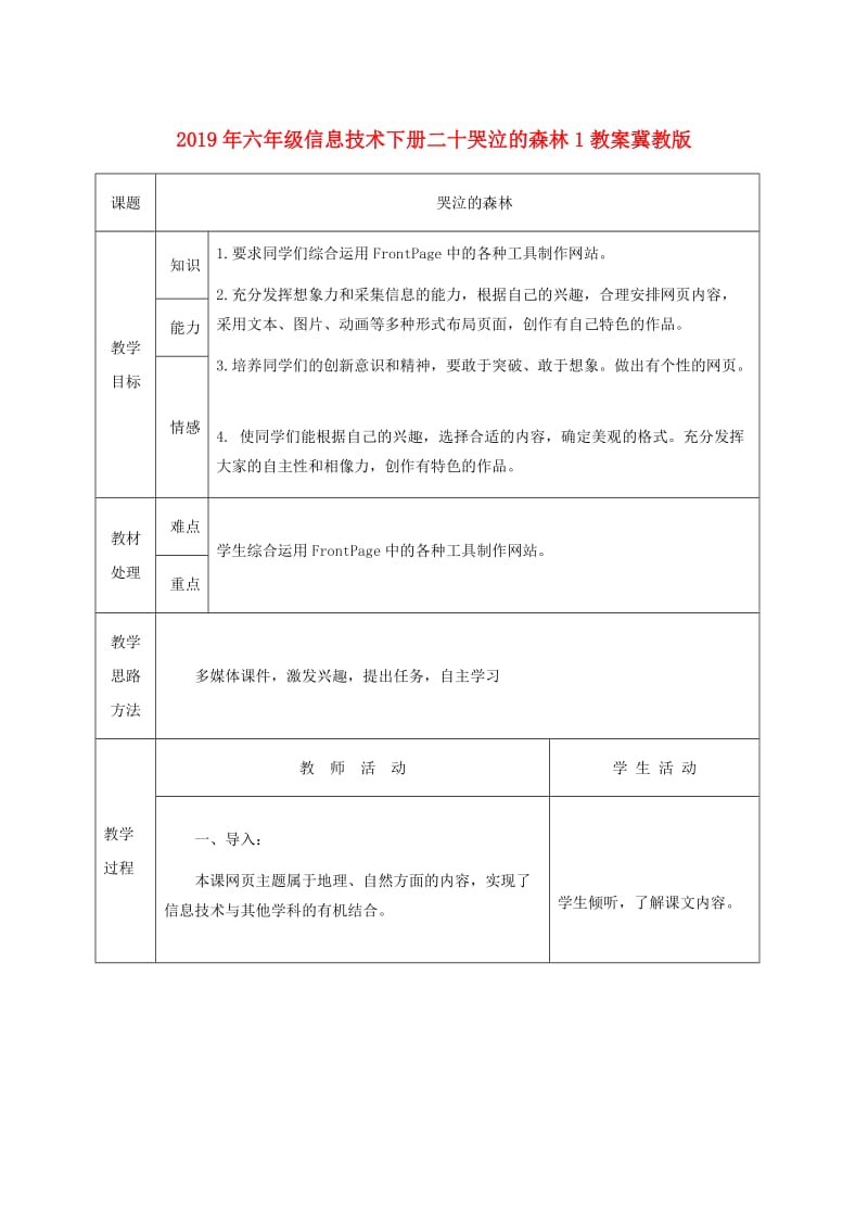 2019年六年级信息技术下册二十哭泣的森林1教案冀教版.doc_第1页