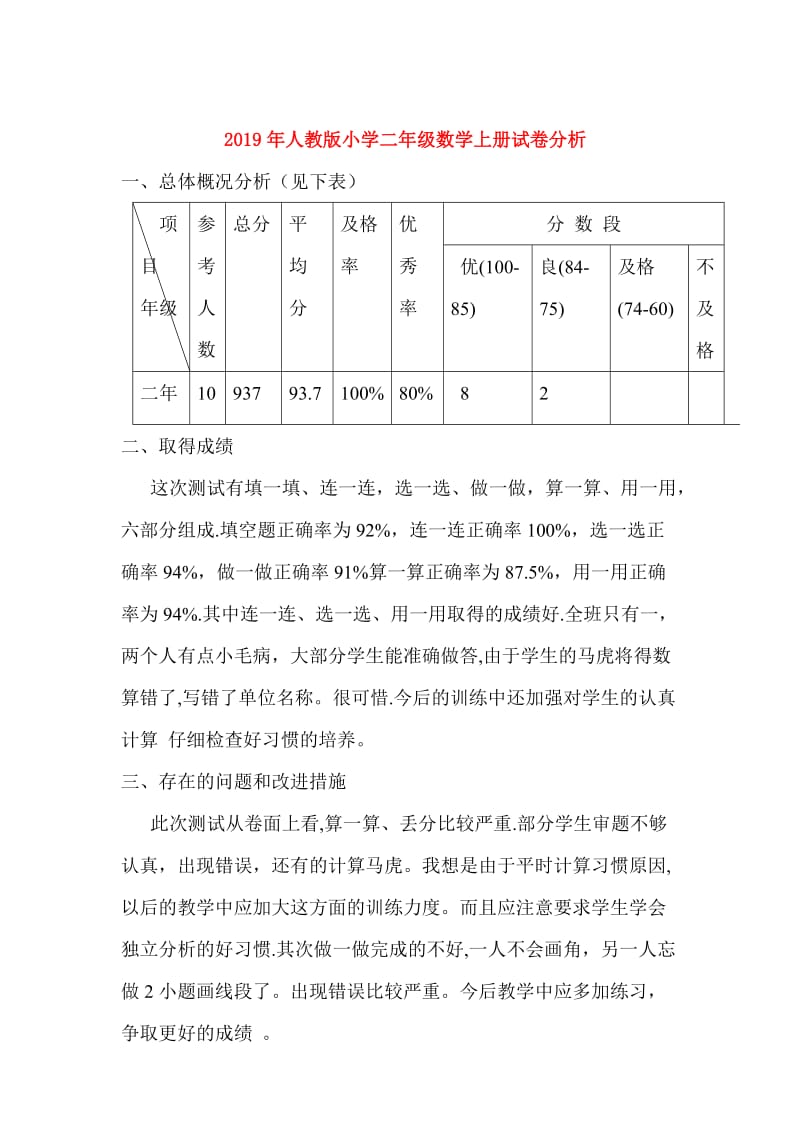 2019年人教版小学二年级数学上册试卷分析.doc_第1页