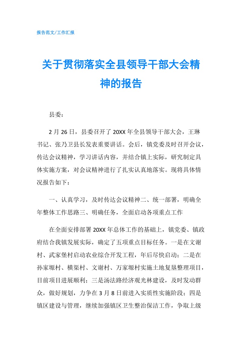 关于贯彻落实全县领导干部大会精神的报告.doc_第1页