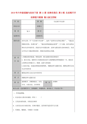 2019年六年級道德與法治下冊 第11課 法律在我們 第2框 生活離不開法律復(fù)習(xí)教案 魯人版五四制.doc