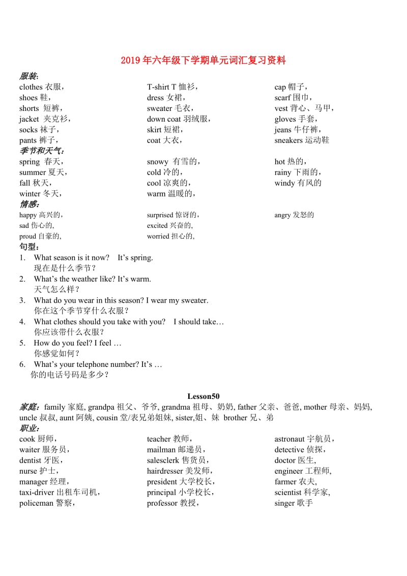 2019年六年级下学期单元词汇复习资料.doc_第1页