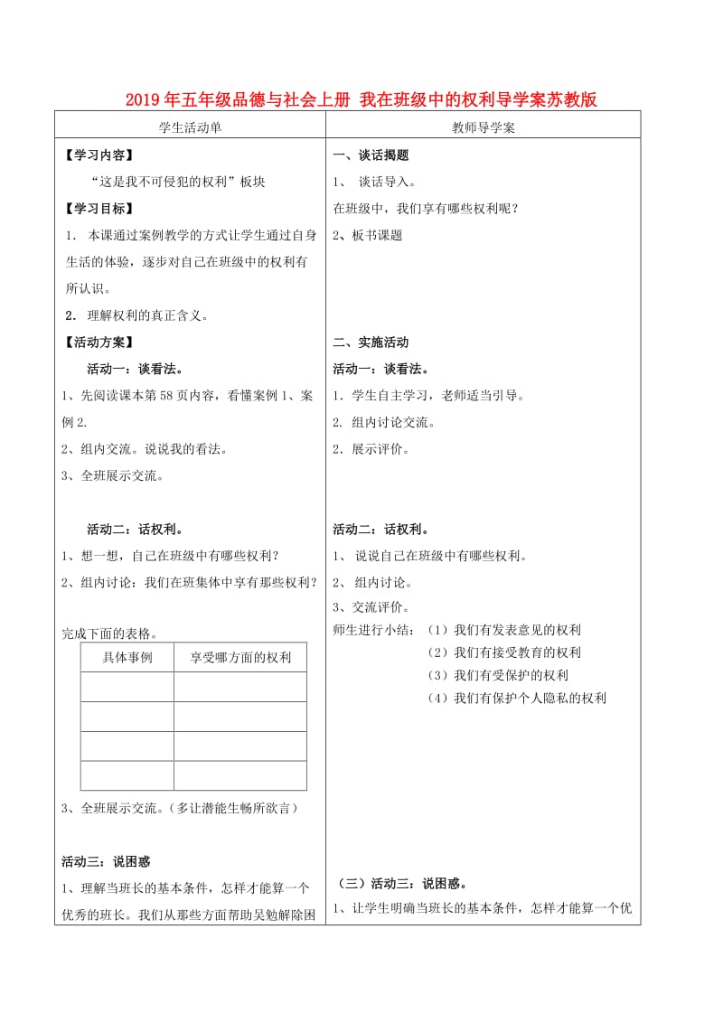 2019年五年级品德与社会上册 我在班级中的权利导学案苏教版.doc_第1页