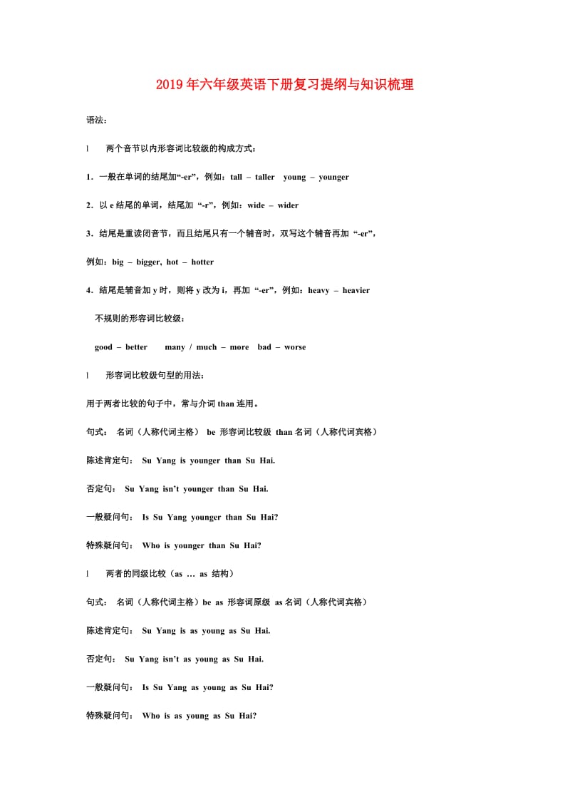 2019年六年级英语下册复习提纲与知识梳理.doc_第1页