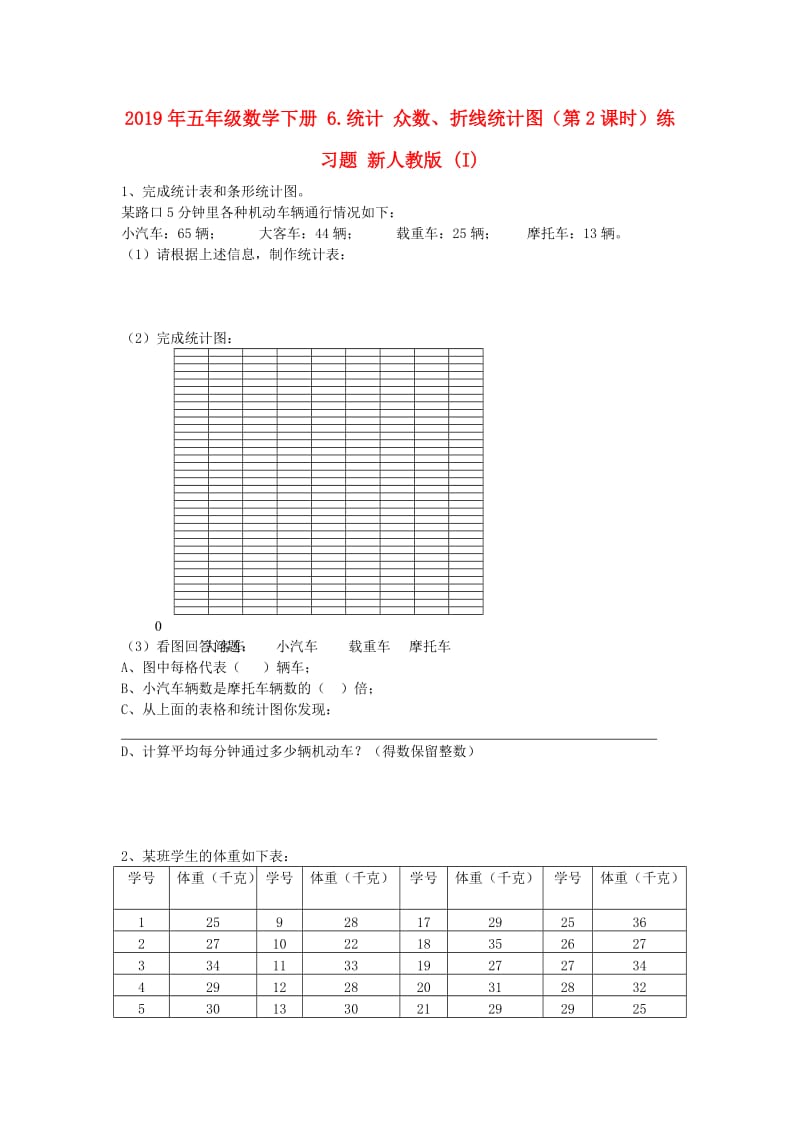 2019年五年级数学下册 6.统计 众数、折线统计图（第2课时）练习题 新人教版 (I).doc_第1页