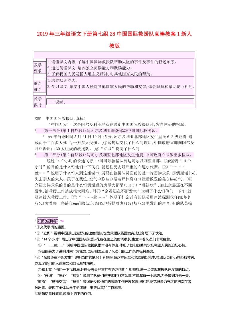 2019年三年级语文下册第七组28中国国际救援队真棒教案1新人教版.doc_第1页