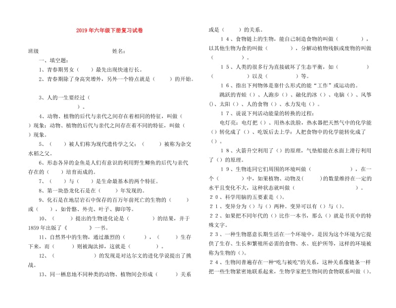 2019年六年级下册复习试卷.doc_第1页