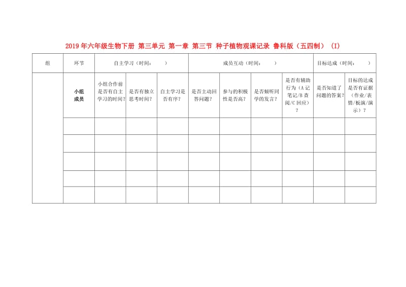 2019年六年级生物下册 第三单元 第一章 第三节 种子植物观课记录 鲁科版（五四制） (I).doc_第1页