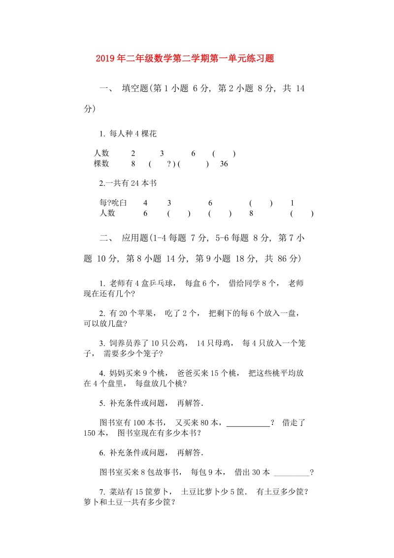 2019年二年级数学第二学期第一单元练习题.doc_第1页