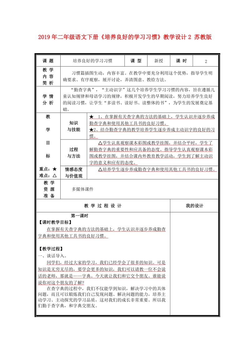 2019年二年级语文下册《培养良好的学习习惯》教学设计2 苏教版.doc_第1页