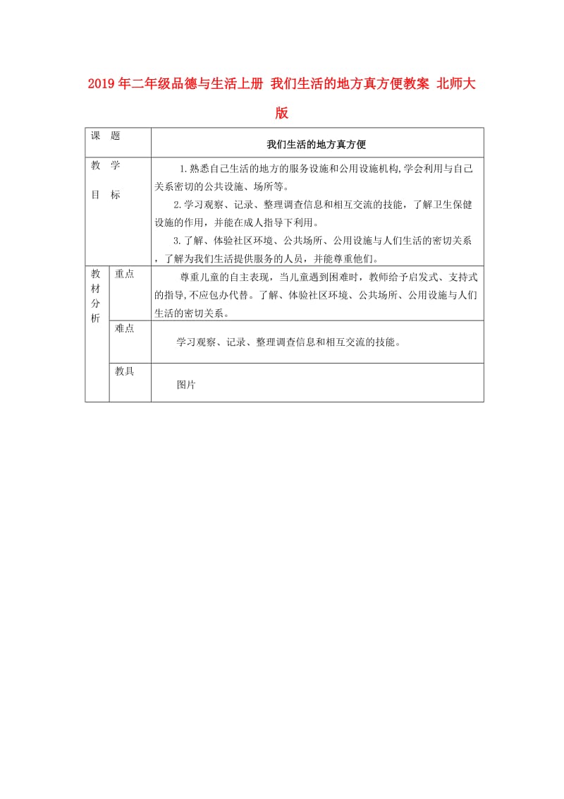 2019年二年级品德与生活上册 我们生活的地方真方便教案 北师大版.doc_第1页